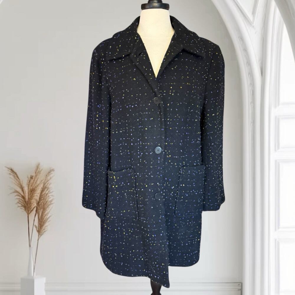 AK Anne Klein VTG Women's Coat Sz L Black Flecked Wool Lined Button Front Career